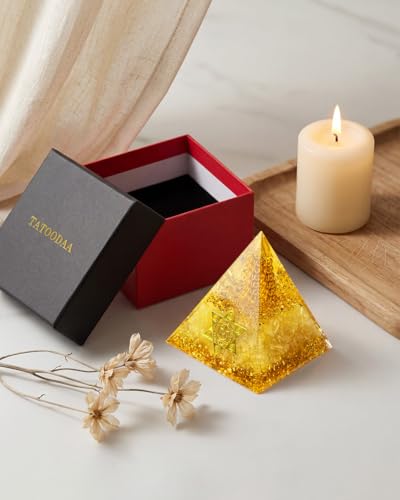 Image of Healing Crystals Orgone Pyramid (Hexagram - Star of David) - Energy Generator for Positive Vibe, Stress Relief & Chakra Reiki Meditation - Spiritual Gift for Success, Wealth & Prosperity (Golden)