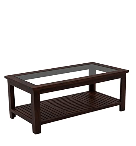 Image of Solid Sheesham Wood Modern Rectangular Coffee Table with Glass Top for Living Room with Bottom Storage Shelf /Glass Center Table for Sofa (Walnut)