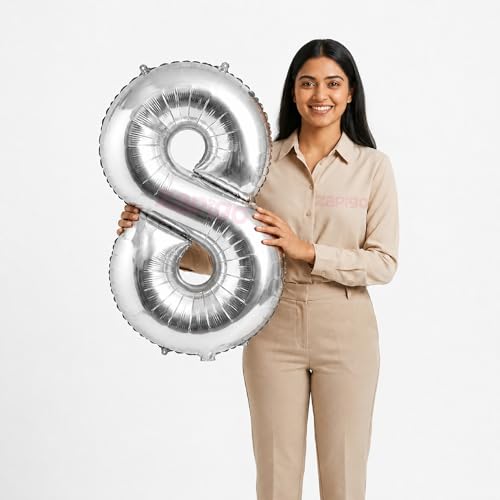 Image of Balloonistics Silver 40-Inch Foil Number 8 Balloon - Helium or Air Fill for 8th Birthday, Anniversary Party Decoration, Photo Booth Backdrop, Cake Table Decor