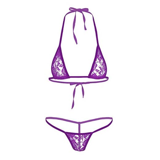 dPois Bikinis de Encaje Flores para Mujeres Conjunto de 2 pcs Sexy Sujetador Push Up Ver a Través Vendaje Bra Halter Tangas G-String Bikini Brasileño Traje de Baño Ropa Erótica Morado One Size