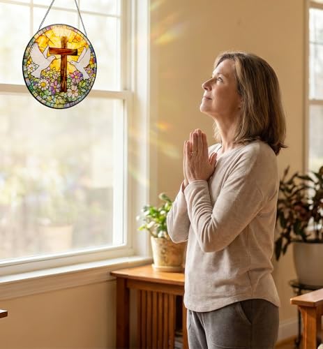 OrbitShell Stained Glass Cross Suncatcher - 8 Inch Peace Dove Window Hanging, Decorative Wall Crosses for Easter, Baptism, First Communion, Christmas, Religious Christian Gifts for Women, Mom, Grandma — view 3