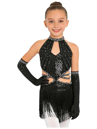 Costume fille danse moderne paillettes body de danse latine avec franges et gants