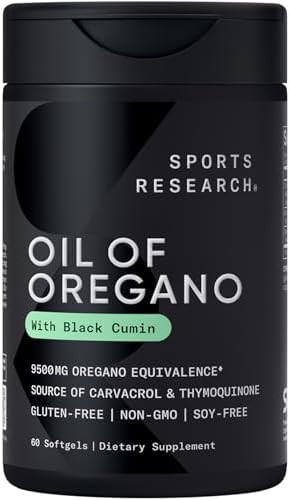 Sports Research® Oil of Oregano 9500mg w/Black Cumin Seed Oil & Ginger Oil - 3-1 Antioxidant Combination Supplement Rich in Thymoquinone & Carvacrol - Gluten Free · Non-GMO - 60 Softgels