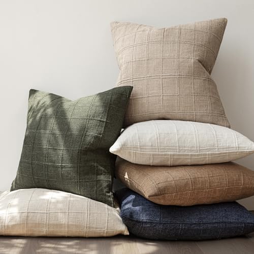 Image of Foindtower Set of 1 Decorative Linen Check Throw Pillow Cover Neutral Farmhouse Vintage Cushion Cover Modern Coastal Boho Home Decor for Sofa Chair Couch Bedroom Living Room,24x24 Inch,Camel