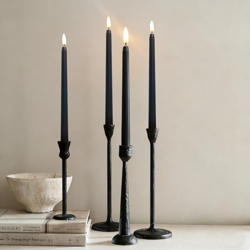 Image of Black Halloween Flameless Taper Candles with Remote, Flickering Battery LED Candlesticks Decor Set of 4