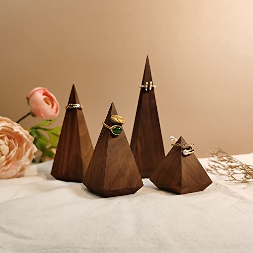 GemeShou Walnut 4pcs Wood Jewelry Ring Display Holders Jewelry Stand Ring Cone Finger Storage Organizer Towers Perfect Business Photoshoot Room Decorationã€Walnut Pyramid 4 pcs ã€‘