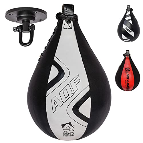 AQF Pera Boxeo de Cuero y Saco Boxe Punching Ball para MMA Conjunto de Entrenamiento con Pera de Boxeo (Blanco y Negro Pro)