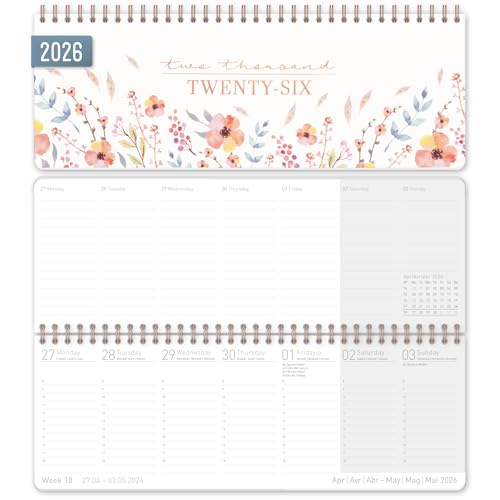 Häfft® Calendario de escritorio semanal internacional 2026 apaisado 'Sweet Flowers' 1 semana 2 páginas, 29,8 x 11,6 cm, multilingüe - sostenible y respetuoso con el clima
