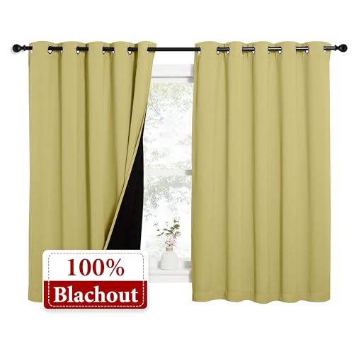 Image of NICETOWN 100% Blackout Curtains with Black Liners, Thermal Insulated Full Blackout 2-Layer Lined Drapes, Energy Efficiency Window Draperies for Bedroom (Paler Yellow, 2 Panels, 62-inch W by 63-inch L)