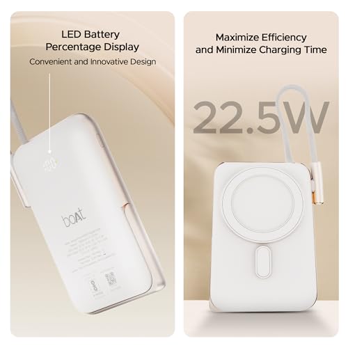 Image of Boat Energyshroom PB330 MagnaCharge 10000 mAh Magnetic Wireless Power Bank w / 15W Wireless Charging, Metal Stand,Magnacharge Ring for iPhone and Android Phones w /Wireless Charge(White)