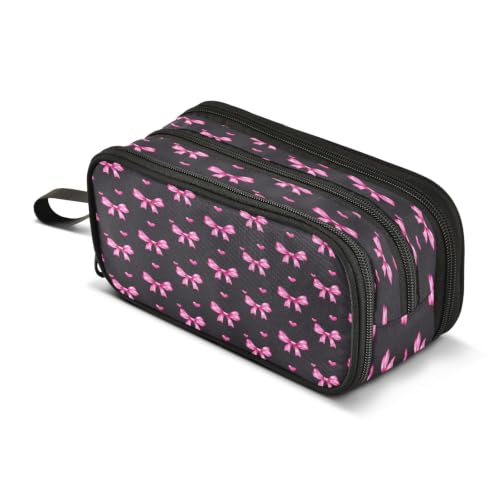 Image of Pink Bow Pencil Case 3 Compartment Pen Bag Large Pouch Holder Box School Portable Stationery Storage Bag for Teen Girls Boys