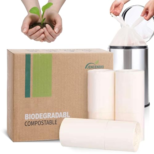 JENCENBIO Bolsas de basura compostables de 20 litros con asas, bolsas de residuos de alimentos de 20 micras para cocina, baño, US BPI ASTM D6400 y Europe OK Compost Home, 45 cots blanco