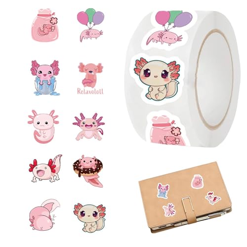 Axolotl Stickers – PVC 500 Piece Roll 6cm Waterproof | Cute Axolotl Decals Stickers, Journaling Decoration Labels | Fun Animal Theme Sticker For Students...