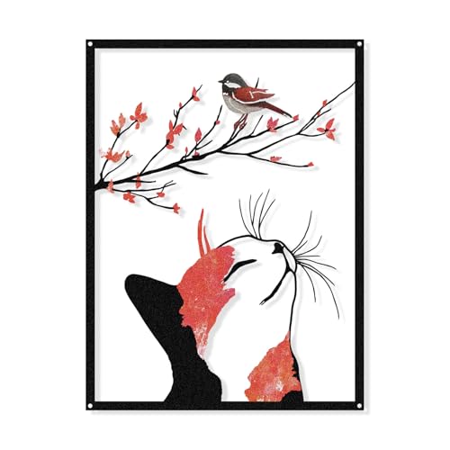 Luccyle Decoración metálica para la pared con silueta de gato, silueta de pájaro en una rama, adorno decorativo para colgar en el salón o el dormitorio
