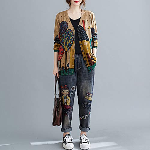 Romacci Cardigã feminino de malha com frente aberta e gola V com estampa vintage, Caqui, XXL