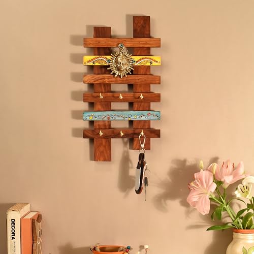 Image of AAKRITI ART CREATIONS Key Holder, Taksha Key Hanger with Mask Motifs and Beautiful Artwork | Rustic Dhokra & Wooden Wall Organizer with 6 Hooks | New Home Gifts.