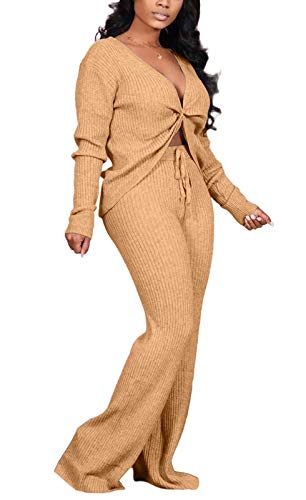 Aro Lora Womens Sexy 2 Piece Jumpsuit Outfit Ribbed Reversible V Neck Long Sleeve Top and Wide Leg Pant Set X-Large Khaki