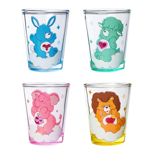 Image of Silver Buffalo Care Bears Cousins Featuring Brave Heart Lion, Swift Rabbit, Lotsa Elephant, and Gentle Lamb 4 Pack Mini Glass Set, 1.5 Ounces