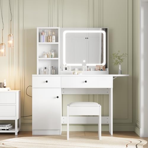 GAOMON Vanity Desk with Mirror and Lights, Makeup Vanity with 2 Drawers & 2 Shelves & One Door, 3 Lighting Modes Adjustable Brightness, Bedroom Dressing Table, White