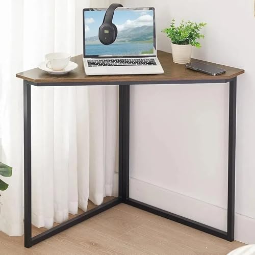 VECELO Corner Desk for Living Room for Small Space Triangle Computer Desk with Steel Frame Desk with Metal Frame Corner Writing Desk for Workstation Retro Brown 33.1