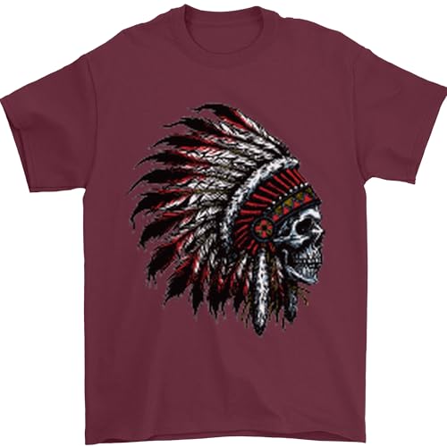 Image of Indian Skull Headdress Biker Motorcycle Mens T-Shirt 100% Cotton Maroon 2XL