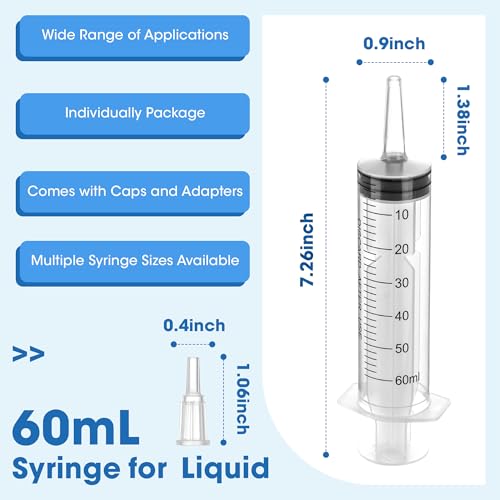Image of 60mL Plastic Syringe for Liquid - 50 Pack Large Syringes with Adapter | Individually Wrapped for Scientific Labs, Feeding, Oil Filling