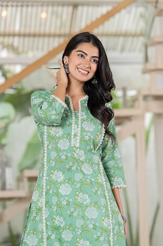 Image of Women's Cotton Straight Kurti with Geometric Print, 3 /4 Sleeves, Lace Trim Detail, Regular Fit, Casual Wear