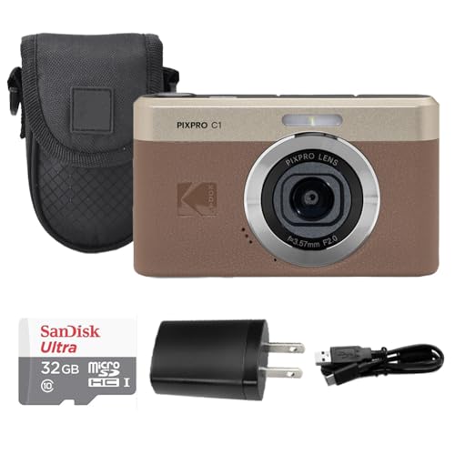 Kodak PIXPRO C1 Digital Camera, 13MP Compact Point & Shoot, 2.8″ 180° Flip LCD Screen, 26mm Wide Angle Lens, 4X Digital Zoom, 1080P Full HD Video, Brown + Camera Case & 32GB Micro SD Card