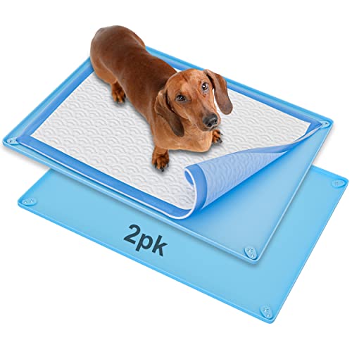 Image of Skywin TidyFriend Pee Pad Holder Tray for 30 x 23 InchesPeepad with Corner Clips, 2 Pack Silicone Dog Potty Tray, Easy to Clean No Spill Dog Potty Training Pad Holder (Blue)