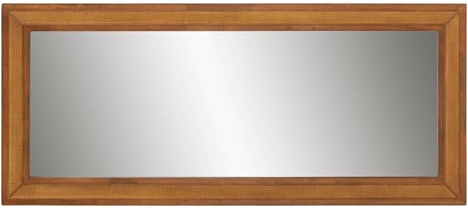 Pemberly Row Walnut Brown Rubberwood Wall Mirror, Rectangular Frame with Rattan Accents, Large Central Mirror, 31.10" W x 70.90" H, Mid-Century Style, Mountable Vertical or Horizontal for Home Decor