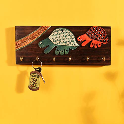 Image of AAKRITI ART CREATIONS Key Holder, Handcrafted Tribal Art Turtle Theme Key Hanger | Rustic Wood Wall Organizer with 6 Hooks | New Home Gifts| Multifunctional Entryway Decor Item