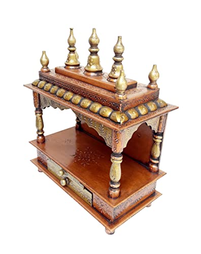 Image of Wood Pooja Mandir Temple for Home Handicraft Hindu Pooja Ghar Mandap for Worship Copper Gold Painted Home Wall Decor Shrine