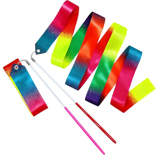 Drokenle 2pcs Rhythmic Dance Ribbons with Wands, 78.7 Inch Rhythmic Gymnastics Ribbon Dancer Wand Twirling Dancing Ribbon Streamers, Fits Artistic Dancing Gymnastics Training (Rainbow)