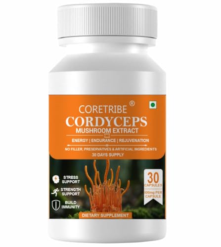 Coretribe Cordyceps Militaris Mushroom Extract Capsules |Strength|Focus Superfood Supplement | Vegan Non-GMO 30 Count .for Optimal Health Benefits 100% Authentic Cordyceps Easy-to-Swallow