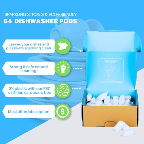 Dishwasher Detergent Pods Free & Clear, Unscented, Eco Friendly, Cuts Grease, 64 Count, Powerful Formula for Sparkling Clean Dishes, Automatic Dishwasher Safe