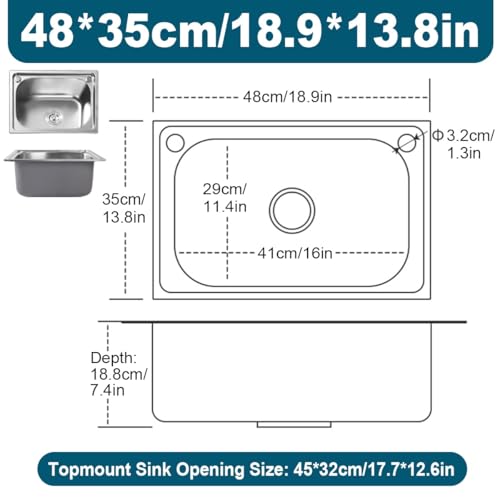 Évier de cuisine en acier inoxydable à encastrer sous plan compact 48x35cm
