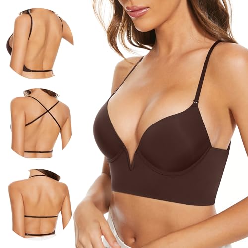 Image of Low Back Bras-Seamless Deep-V Plunge Invisible Backless Bra-Underwire Lightly Lined Halter Multiway Low Cut Bra