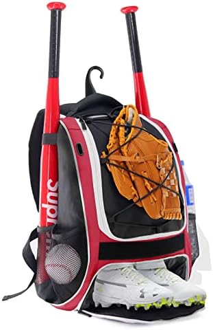 WOLT | Youth Baseball Bat Backpack - Bag for Baseball, Softball & T-Ball Equipment & Gear, Youth Girl & Adults Women, Holder for Bat, Helmet, Glove, Separate Shoes Compartment & Fence Hook (Red)