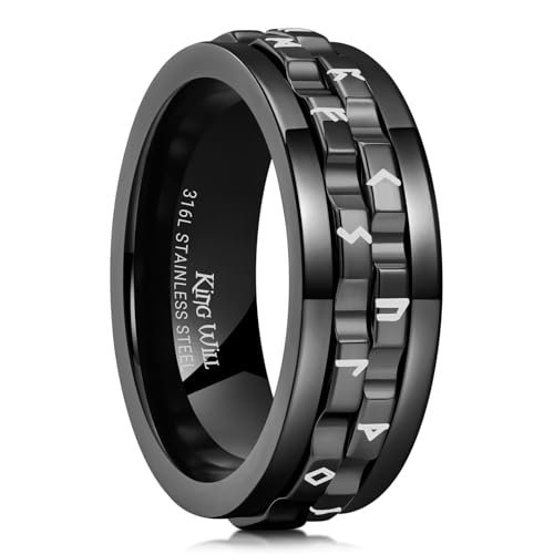 King Will 316L Stainless Steel Spinner Viking Rings for Men-8mm Black Gear Norse Runes Fidget Ring, Anxiety Stress Relief Cool Wedding Band Comfort for Daily Wear Size R 1/2 (9)