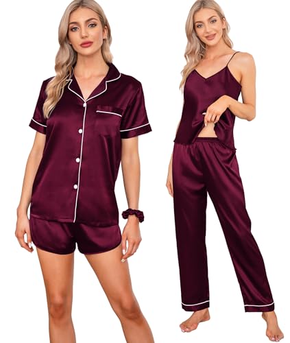SWOMOG Womens Silk Satin Pajamas Sets 7pcs Sleepwear Sexy Cami Shorts Set and Button Down Short Sleeve Satin Pjs4