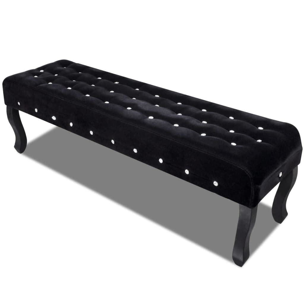 Banc capitonné noir en velours chic avec boutons en cristal et pieds bois robustes