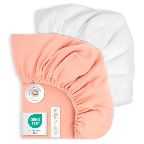 Mimuselina Sabanas Capazo Bebe 35x75 | Pack de 2 Sabanas Moises 100% Algodón Muselina Suave y Transpirable | Hechas en España | Rosa-Blanca