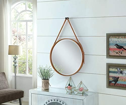 Hosoncovy PU Leather Wall Round Mirror Hanging Decorative Mirror with Strap Makeup Mirror Vanity Mirror for Bathroom Living Room Bedroom (Brown)