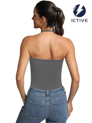 Fihapyli ICTIVE Women Sexy Halter Neck One Piece Thong Adjustable Strap Sleeveless Cami Bodysuit Top DarkGrey L — view 2