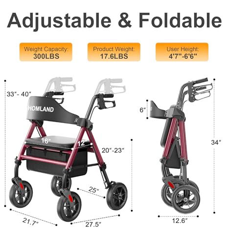 Image of HOMLAND Foldable Rollator Walkers for Seniors with Seat, 17 lb Lightweight | 8 inch All-Terrain Rubber Wheels, Reinforced Aluminum Frame, Cup Holder, 16'' Enlarged Seat, Height Adjustable, Easy Assembly