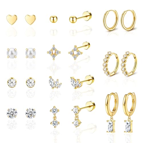 Staligue Tiny Hypoallergenic Surgical Steel Earrings for Women Men 14K Gold Plated Flat Back Stud Earrings for Sensitive Ears 20G Gold Flatback Stud Hoop Cartilage Earring Set for Multiple Piercing