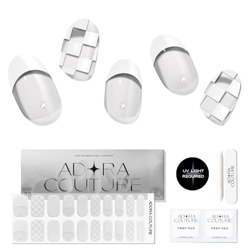 Adora Couture Semi Cured Gel Nail Strips with 20 Pieces - UV Gel Stickers, Manicure Kit, Easy Application Wraps Includes Prep Pads, Nail File, Wooden Stick - UV Light Required (Check White)