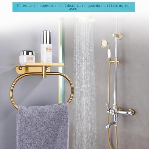 Miniatura 3 de Diyzon Anillo De Toalla Con Estante De Acero, Soporte Adhesivo De Acero Inoxidable, Anillo De Toalla De Mano Autoadhesivo Para Baño, Colgador De Toallas Montado En La Pared Para Baño Dorado