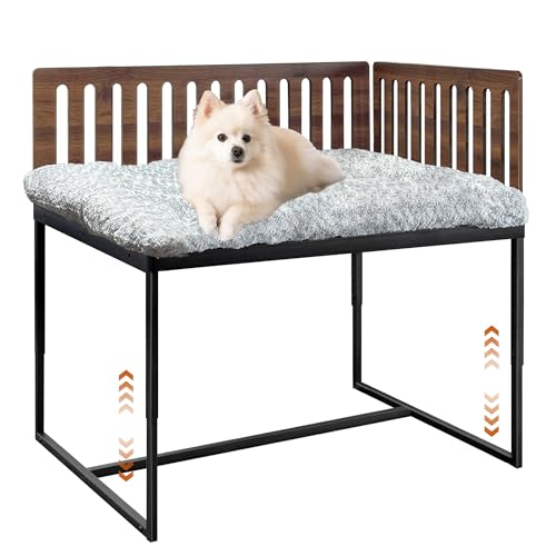 Beside Dog Bed,2 Panels Adjustable Height Dog Bunk Beds,25.5‘’x18‘’Metal Dogs Bed Frame with Cushion,Medium