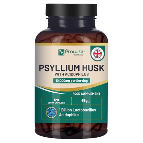 Psyllium Husk 10000mg with Acidophilus 1 Billion CFU 120 Vegan Capsules | Natural Soluble Fibre Supplement from Plantago Ovata Seeds Made in The UK by Prowise Healthcare